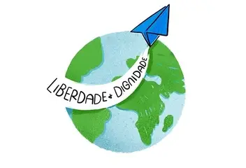 Uma ilustração do planeta terra com um avião de papel voando com uma mensagem: Liberdade e Dignidade