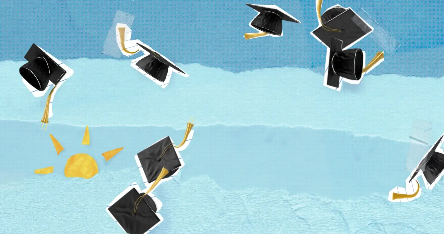 An illustration of a sun and graduation caps on a light blue background.