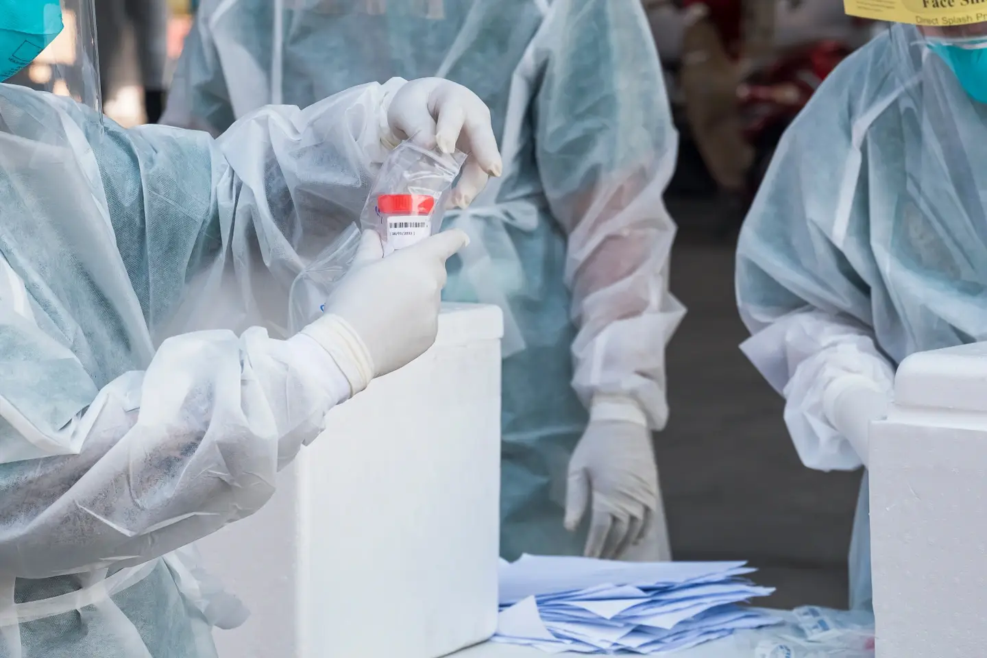 Healthcare professionals examining vials.